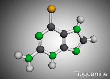 Tioguanin, tiyoguanin veya 6-tiyoguanin molekülü. Miyelojen lösemi tedavisinde kullanılan pürin analogu. Moleküler model. 3 boyutlu görüntüleme. Görüntü