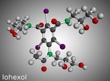 Iohexol molekülü. Bilgisayarlı tomografi için kontrastlı madde ve kontrastlı geliştirmede kullanılır. Moleküler model. 3 boyutlu görüntüleme. Görüntü