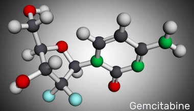 Gemcitabine molekülü. Pankreas, akciğer, göğüs, yumurtalık, mesane kanseri tedavisinde kullanılan antiineoplastik bir madde. Moleküler model. 3 boyutlu görüntüleme. Görüntü