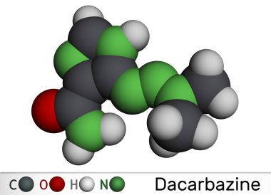 Dacarbazine, imidazole carboxamide, DTIC molekülü. Hodgkin hastalığı olan habis melanom tedavisinde kullanılan antiineoplastik bir ilaç. Moleküler model. 3 boyutlu görüntüleme. Görüntü