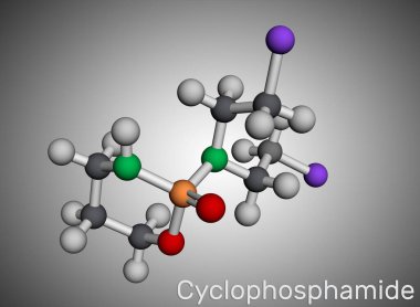Cyclophosphamide, cytophosphane, CP molekülü. Çeşitli kanser türlerinin tedavisinde kullanılan alkilasyon maddesi. Moleküler model. 3 boyutlu görüntüleme. Görüntü