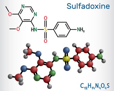 Sülfadoksin, sülfoksin molekülü. Sıtma tedavisinde kullanılan uzun ömürlü bir sülfür. Yapısal kimyasal formül, molekül modeli. Vektör illüstrasyonu