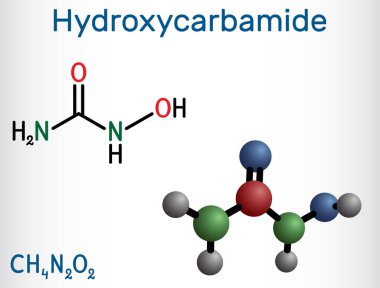 Hidroksikarbonat, hidroksikarbonat molekülü. Orak hücre anemi krizini tedavi etmek için kullanılan antimetabolit bir ilaç. Yapısal kimyasal formül, molekül modeli. Vektör illüstrasyonu