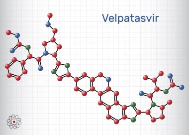 Velpatasvir molekülü. Kronik hepatit C enfeksiyonlarını tedavi etmek için kullanılan NS5A inhibitörü. Yapısal kimyasal formül ve molekül modeli. Kafesteki bir kağıt parçası. Vektör illüstrasyonu