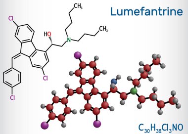 Lumefantrine, benflumetol molekülü. Sıtma tedavisinde kullanılır. Yapısal kimyasal formül, molekül modeli. Vektör illüstrasyonu
