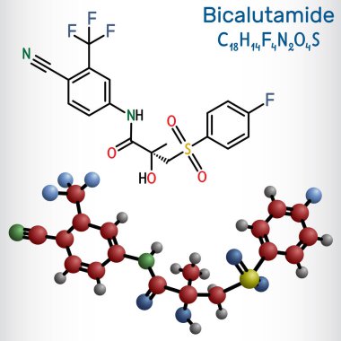 Çift katmanlı molekül. Prostat kanseri için steroidal olmayan anti-androjen. Yapısal kimyasal formül, molekül modeli. Vektör illüstrasyonu