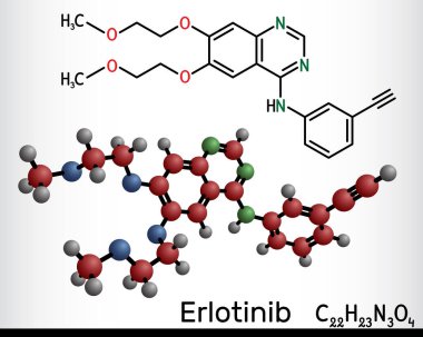 Erlotinib ilaç molekülü. Akciğer kanseri, NSCLC ve pankreas kanserinin tedavisinde kullanılır. Yapısal kimyasal formül, molekül modeli. Vektör illüstrasyonu