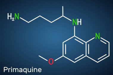 Primaquine molekülü. Bu aminokinolin, sıtma tedavisinde kullanılır. Koyu mavi arkaplanda yapısal kimyasal formül. Vektör illüstrasyonu