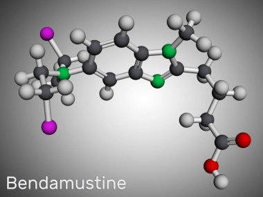 Bendamustin molekülü. Lenfositik löseminin tedavisinde kullanılan alkilasyon faktörü. Moleküler model. 3 boyutlu görüntüleme. Görüntü