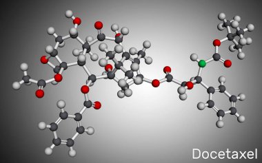 Docetaxel, DTX veya DXL molekülü. Çeşitli kanserlerin tedavisinde kullanılan bir çeşit taksonoit antinoplastik maddedir. Moleküler model. 3 boyutlu görüntüleme. Görüntü