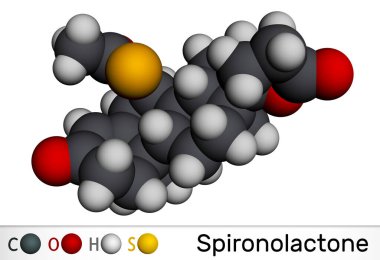 Spironolakton molekülü. Hipertansiyon, hiperaldosteronizm ve ödem tedavisinde kullanılan aldosteron reseptör antagonisti. Moleküler model. 3 boyutlu görüntüleme. Görüntü