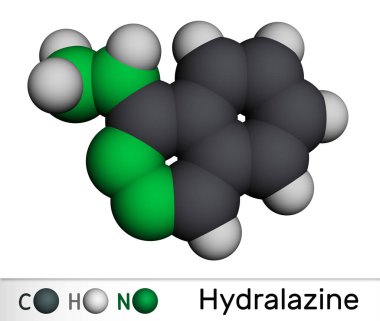 Hidroalazin molekülü. Yüksek tansiyon ve kalp yetmezliği tedavisinde kullanılan hipertansiyon ilacı. Moleküler model. 3 boyutlu görüntüleme. Görüntü