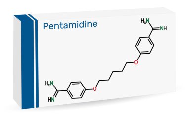 Pentamidin molekülü. Antimikrobik, mantar ilacı. HIV enfeksiyonu olan hastalarda pnömosistis pnömoni tedavisinde kullanılır. İskelet kimyasal formülü. Uyuşturucu için kağıt ambalaj. Vektör illüstrasyonu