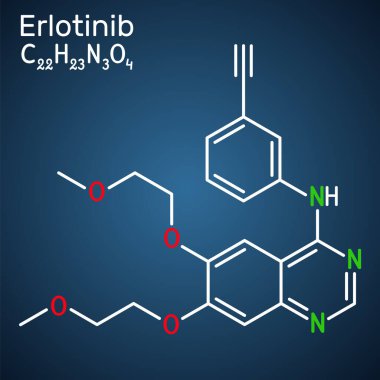 Erlotinib ilaç molekülü. Akciğer kanseri, NSCLC ve pankreas kanserinin tedavisinde kullanılır. Koyu mavi arkaplanda yapısal kimyasal formül. Vektör illüstrasyonu
