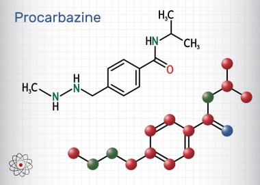 Prokarbazin kemoterapi ilaç molekülü. Hodgkin lenfoması olan habis melanom tedavisinde kullanılır. Yapısal kimyasal formül, molekül modeli. Kafesteki bir kağıt parçası. Vektör illüstrasyonu
