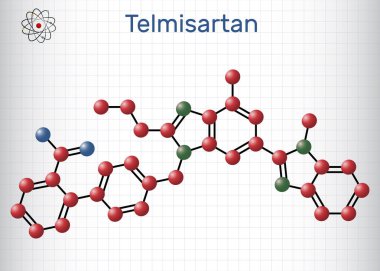 Telmisartan molekülü. Yüksek tansiyonu ve kalp yetmezliğini tedavi etmek için kullanılan bir ilaç. Yapısal kimyasal formül ve molekül modeli. Kafesteki bir kağıt parçası. Vektör illüstrasyonu