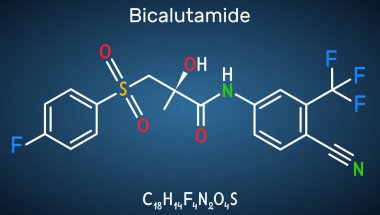 Çift katmanlı molekül. Prostat kanseri için steroidal olmayan anti-androjen. Koyu mavi arkaplanda yapısal kimyasal formül. Vektör illüstrasyonu