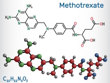 Metotreksat, MTX molekülü. Antiineoplastik bir ilaç. Kanser, sedef ve romatizma tedavisinde kullanılıyor. Yapısal kimyasal formül, molekül modeli. Vektör illüstrasyonu