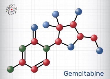 Gemcitabine molekülü. Pankreas, akciğer, göğüs, yumurtalık, mesane kanseri tedavisinde kullanılan antiineoplastik bir madde. Yapısal kimyasal formül, molekül modeli. Kafesteki bir kağıt parçası. Vektör illüstrasyonu
