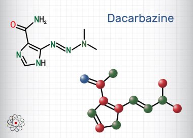 Dacarbazine, imidazole carboxamide, DTIC molekülü. Kötü huylu melanom tedavisinde kullanılan antiineoplastik bir ilaç. Yapısal formül, molekül modeli. Kafeste bir yaprak kağıt. Vektör illüstrasyonu