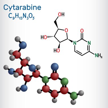 Cytarabine, sitozin arabinoside, ara-C molekülü. Kemoterapi ilacı. Yapısal kimyasal formül ve molekül modeli. Vektör illüstrasyonu