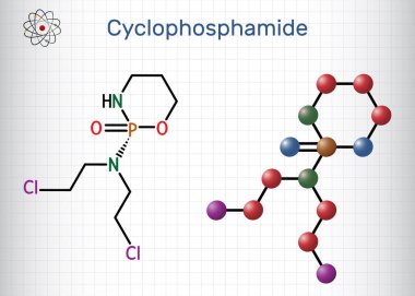 Cyclophosphamide, cytophosphane, CP molekülü. Çeşitli kanser türlerinin tedavisinde kullanılan alkilasyon maddesi. Yapısal kimyasal formül, molekül modeli. Kafesteki bir kağıt parçası. Vektör illüstrasyonu