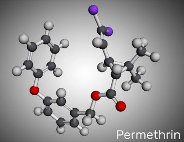 Permethrin molekülü. Bu böcek ilacı ve ilaç, bit istilası ve uyuz tedavisinde kullanılır. Moleküler model. 3 boyutlu görüntüleme. Görüntü