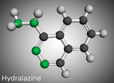 Hidroalazin molekülü. Yüksek tansiyon ve kalp yetmezliği tedavisinde kullanılan hipertansiyon ilacı. Moleküler model. 3 boyutlu görüntüleme. Görüntü