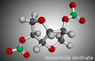 İzosorbit dinitrat, ISDN molekülü. Koroner arter hastalığında anjin tedavisinde kullanılan bir vasodilatör. Moleküler model. 3 boyutlu görüntüleme. Görüntü