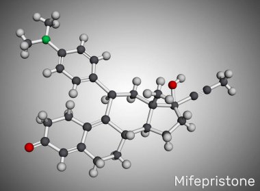 Mifepristone, molekül. Progetasyonal, glukokortikoid hormon antagonisti, acil doğum kontrol maddesi. Moleküler model. 3 boyutlu görüntüleme. Görüntü