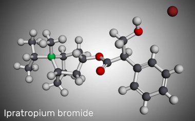 Ipratropium bromit molekülü. Bronkodilatör, antispazmotik, antikolinerjik ilaç. Moleküler model. 3 boyutlu görüntüleme. Görüntü
