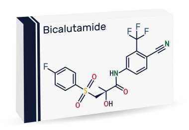Çift katmanlı molekül. Prostat kanseri için steroidal olmayan anti-androjen. İskelet kimyasal formülü. Uyuşturucu için kağıt ambalaj. Vektör illüstrasyonu