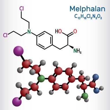 Melphalan molekülü. Kemoterapi ilacı, alkali antinoplastik madde. Yapısal kimyasal formül ve molekül modeli. Vektör illüstrasyonu