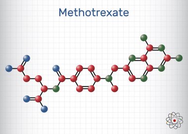 Metotreksat, MTX molekülü. Antiineoplastik bir ilaç. Kanser, sedef ve romatizma tedavisinde kullanılıyor. Yapısal kimyasal formül, molekül modeli. Kafesteki bir kağıt parçası. Vektör illüstrasyonu