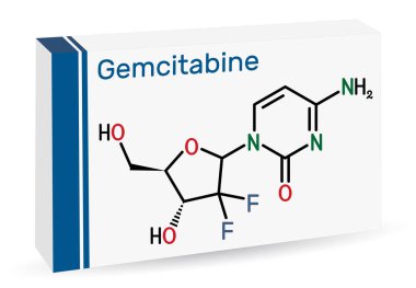 Gemcitabine molekülü. Pankreas, akciğer, göğüs, yumurtalık, mesane kanseri tedavisinde kullanılan antiineoplastik bir madde. İskelet kimyasal formülü. Uyuşturucu için kağıt ambalaj. Vektör illüstrasyonu