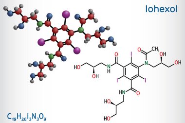 Iohexol molekülü. Bilgisayarlı tomografi için kontrastlı madde ve kontrastlı geliştirmede kullanılır. Yapısal kimyasal formül, molekül modeli. Vektör illüstrasyonu