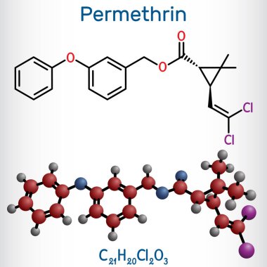 Permethrin molekülü. Bu böcek ilacı ve ilaç, bit istilası ve uyuz tedavisinde kullanılır. Yapısal kimyasal formül, molekül modeli. Vektör illüstrasyonu