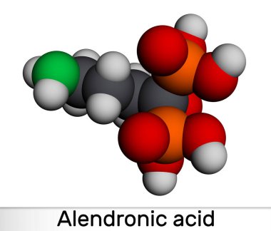 Alendronik asit molekülü. Osteoporoz tedavisinde kullanılan bifosfonat ilacı. Moleküler model. 3 boyutlu görüntüleme. Görüntü