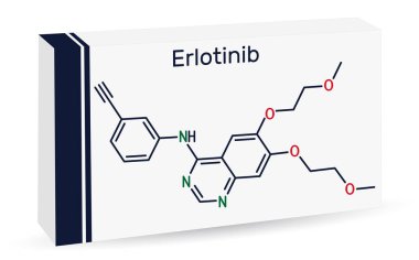 Erlotinib ilaç molekülü. Akciğer kanseri, NSCLC ve pankreas kanserinin tedavisinde kullanılır. İskelet kimyasal formülü. Uyuşturucu için kağıt ambalaj. Vektör illüstrasyonu