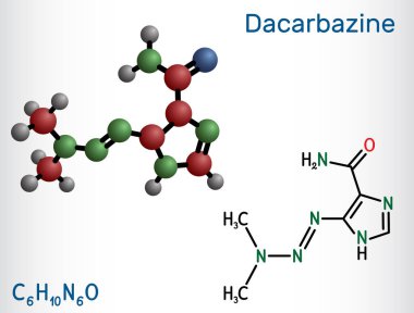 Dacarbazine, imidazole carboxamide, DTIC molekülü. Hodgkin hastalığı olan habis melanom tedavisinde kullanılan antiineoplastik bir ilaç. Yapısal kimyasal formül, molekül modeli. Vektör illüstrasyonu