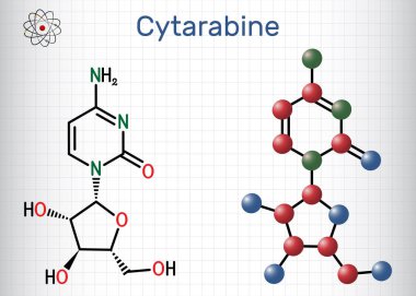 Cytarabine, sitozin arabinoside, ara-C molekülü. Kemoterapi ilacı. Yapısal kimyasal formül ve molekül modeli. Kafesteki bir kağıt parçası. Vektör illüstrasyonu