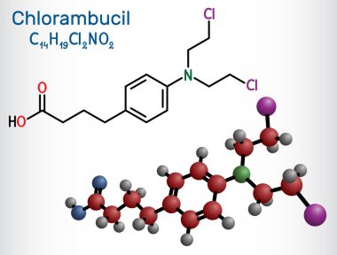 Klorambucil molekül. Lenfositik lösemi ve habis lenfoma tedavisinde kullanılan kemoterapi maddesi. Yapısal kimyasal formül, molekül modeli. Vektör illüstrasyonu