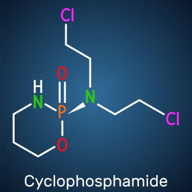 Cyclophosphamide, cytophosphane, CP molekülü. Çeşitli kanser türlerinin tedavisinde kullanılan alkilasyon maddesi. Koyu mavi arkaplanda yapısal kimyasal formül. Vektör illüstrasyonu