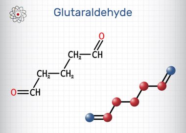 Glutaraldehit, glutaral molekül. Endüstriyel, laboratuvar, tarım ve tıbbi cihazların dezenfeksiyonu için kullanılır. Yapısal kimyasal formül, molekül modeli. Kafesteki bir kağıt parçası. Vektör illüstrasyonu