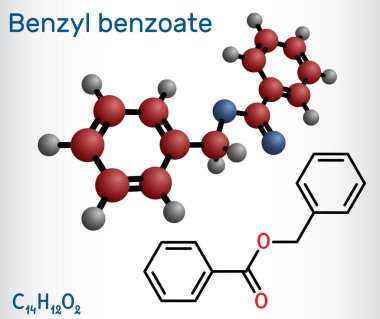 Benzil benzoat molekülü. Uyuz ve bitlerin güncel tedavisidir. Yapısal kimyasal formül, molekül modeli. Vektör illüstrasyonu