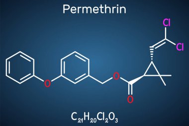 Permethrin molekülü. Bu böcek ilacı ve ilaç, bit istilası ve uyuz tedavisinde kullanılır. Koyu mavi arkaplanda yapısal kimyasal formül. Vektör illüstrasyonu