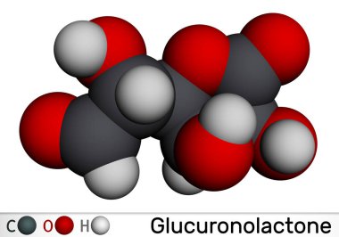 Glucuronolactone molekülü. Enerji içeceklerinde kullanılan doğal bir madde. Moleküler model. 3 boyutlu görüntüleme. Görüntü