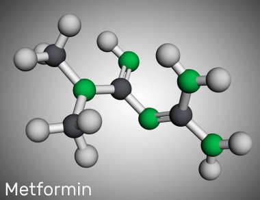 Metformin molekülü. Tip 2 diyabetin yönetiminde kullanılan biguanide antihiperglisemik etken. Moleküler model. 3 boyutlu görüntüleme. Görüntü