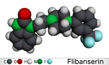 Flibanserin molekülü. Hipoaktif cinsel arzu bozukluğunu tedavi etmek için kullanılan serotonerjik bir antidepresan. Moleküler model. 3 boyutlu görüntüleme. Görüntü