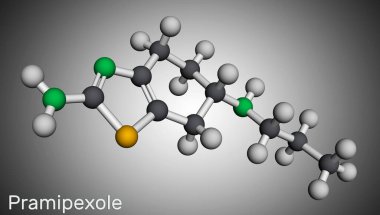 Pramipexol molekülü. Dopamin agonisti olmayan, Parkinson hastalığının tedavisinde kullanılan bir ilaç. Moleküler model. 3 boyutlu görüntüleme. Görüntü